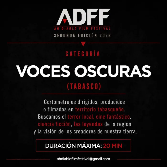 Cartel de la categoría Voces Oscuras. Información transcrita en este panel.